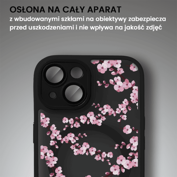 Etui do iPhone 14, Color Flush z Magsafe, z osłoną aparatu, z nadrukiem sakura, kwiat wiśni, czarne