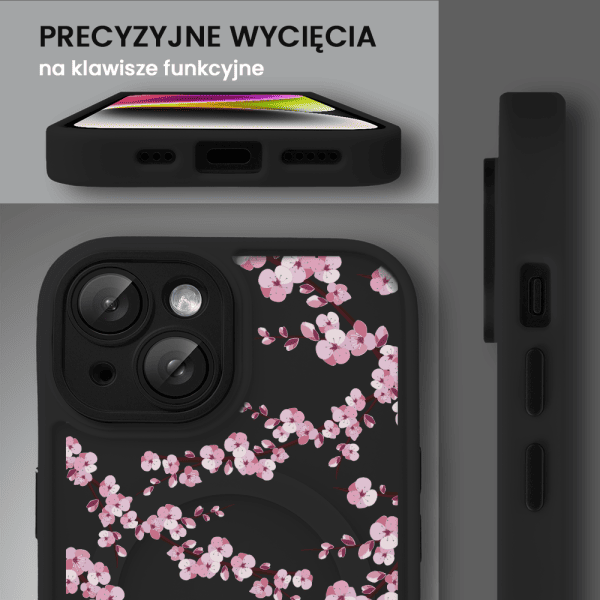 Etui do iPhone 13 Plus, Color Flush z Magsafe, z osłoną aparatu, z nadrukiem sakura, kwiat wiśni, czarne