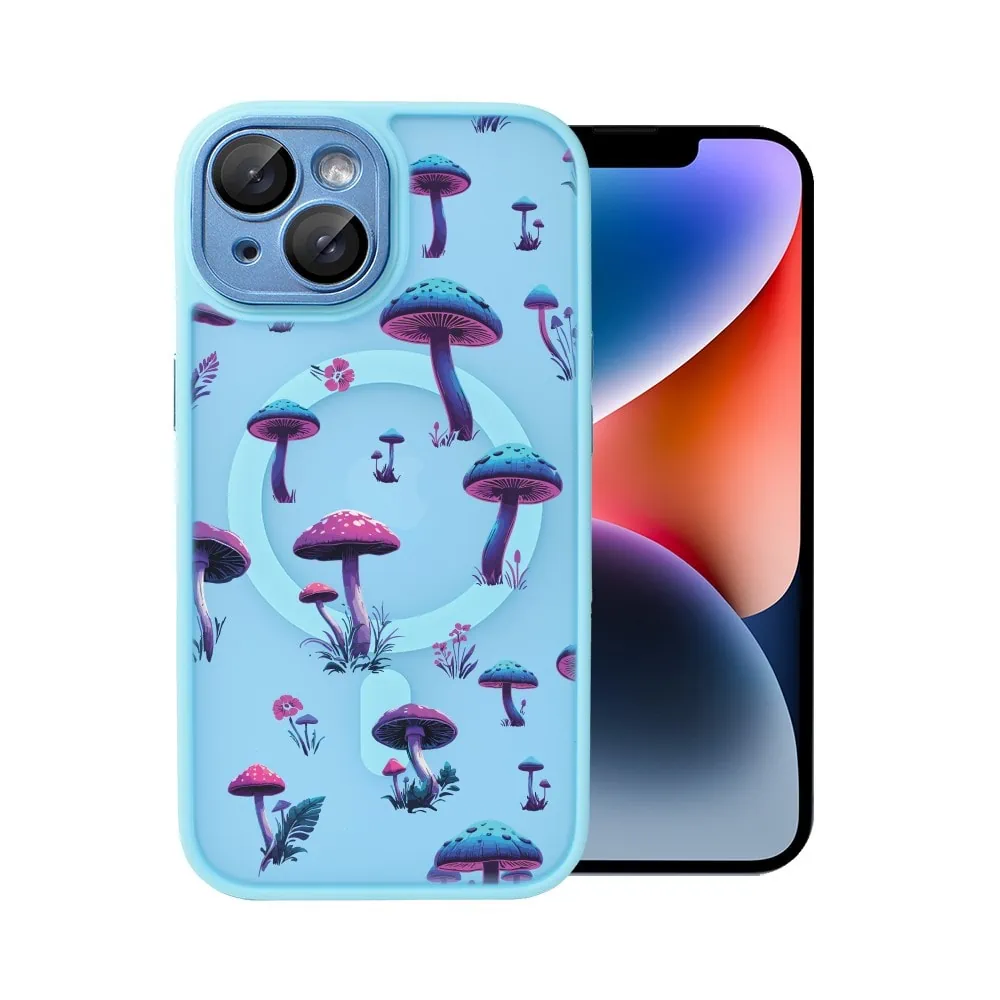 Etui do iPhone 14 Color Flush z Magsafe, z osłoną aparatu, z nadrukiem magiczne grzybki, niebieskie