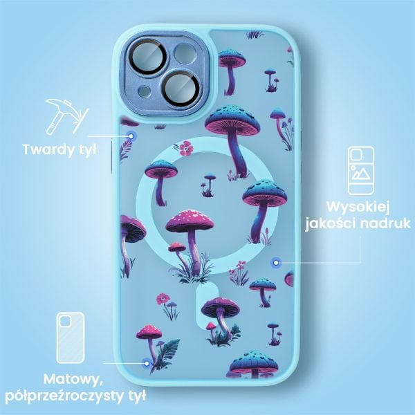 Etui do iPhone 14 Color Flush z Magsafe, z osłoną aparatu, z nadrukiem magiczne grzybki, niebieskie