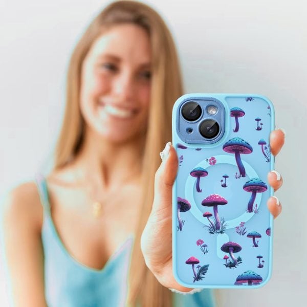Etui do iPhone 14 Color Flush z Magsafe, z osłoną aparatu, z nadrukiem magiczne grzybki, niebieskie