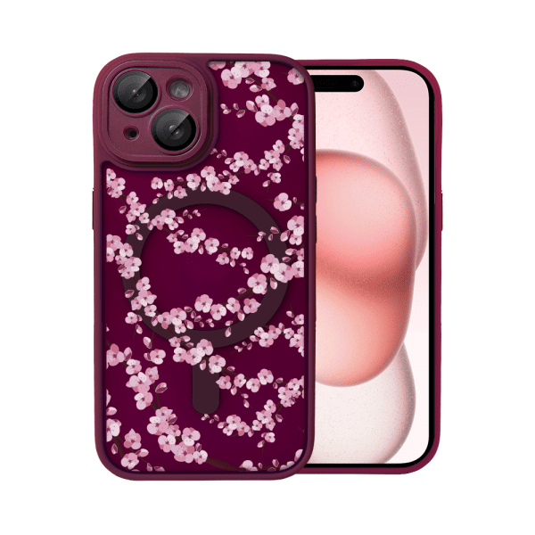 Etui do iPhone iPhone 15, Color Flush z Magsafe, z osłoną aparatu, z nadrukiem sakura, kwiat wiśni, wiśniowe