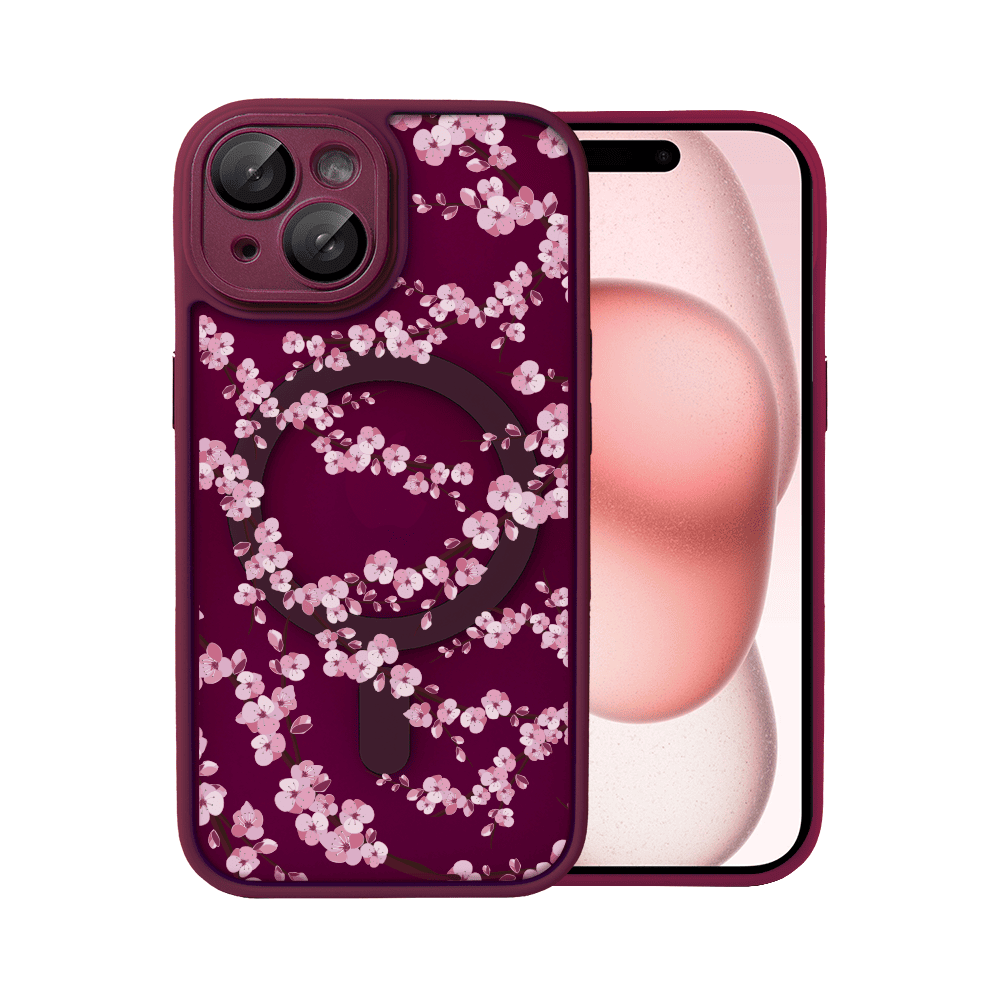 Etui do iPhone 15, Color Flush z Magsafe, z osłoną aparatu, z nadrukiem sakura, kwiat wiśni, wiśniowe