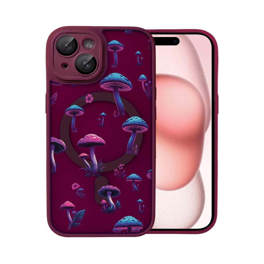 Etui do iPhone 15 Color Flush z Magsafe, z osłoną aparatu, z nadrukiem magiczne grzybki, wiśniowe
