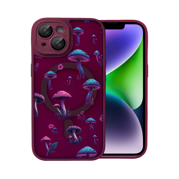 Etui do iPhone 14 Color Flush z Magsafe, z osłoną aparatu, z nadrukiem magiczne grzybki, wiśniowe