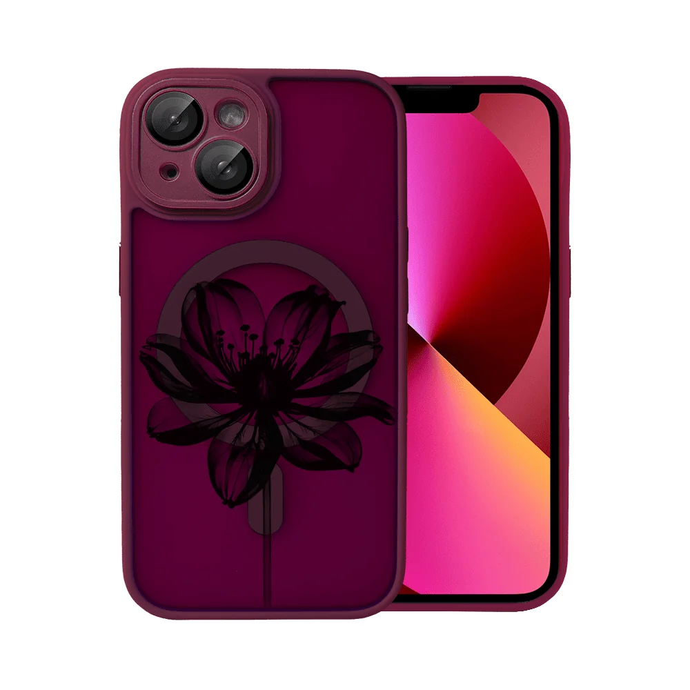 Etui do iPhone 13 Color Flush z Magsafe, z osłoną aparatu, z nadrukiem czarny kwiat, wiśniowe