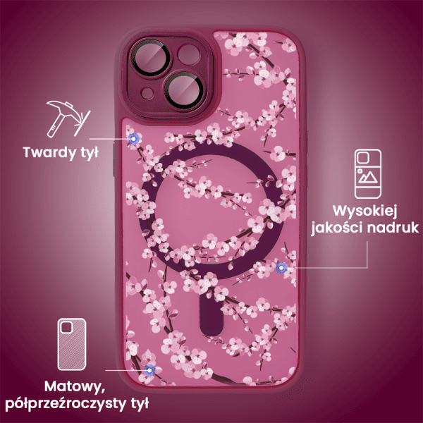 Etui do iPhone iPhone 15, Color Flush z Magsafe, z osłoną aparatu, z nadrukiem sakura, kwiat wiśni, wiśniowe