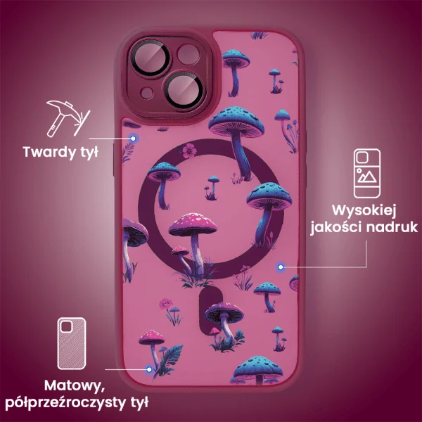 Etui do iPhone 15 Plus Color Flush z Magsafe, z osłoną aparatu, z nadrukiem czarny kwiat, wiśniowe