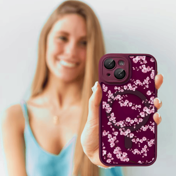 Etui do iPhone 14, Color Flush z Magsafe, z osłoną aparatu, z nadrukiem sakura, kwiat wiśni, wiśniowe