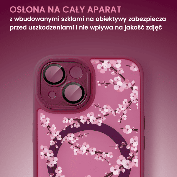 Etui do iPhone iPhone 15, Color Flush z Magsafe, z osłoną aparatu, z nadrukiem sakura, kwiat wiśni, wiśniowe