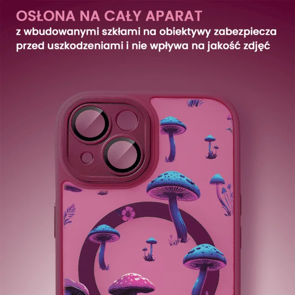 Etui do iPhone 15 Color Flush z Magsafe, z osłoną aparatu, z nadrukiem magiczne grzybki, wiśniowe