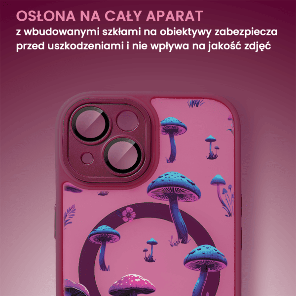 Etui do iPhone 14 Color Flush z Magsafe, z osłoną aparatu, z nadrukiem magiczne grzybki, wiśniowe