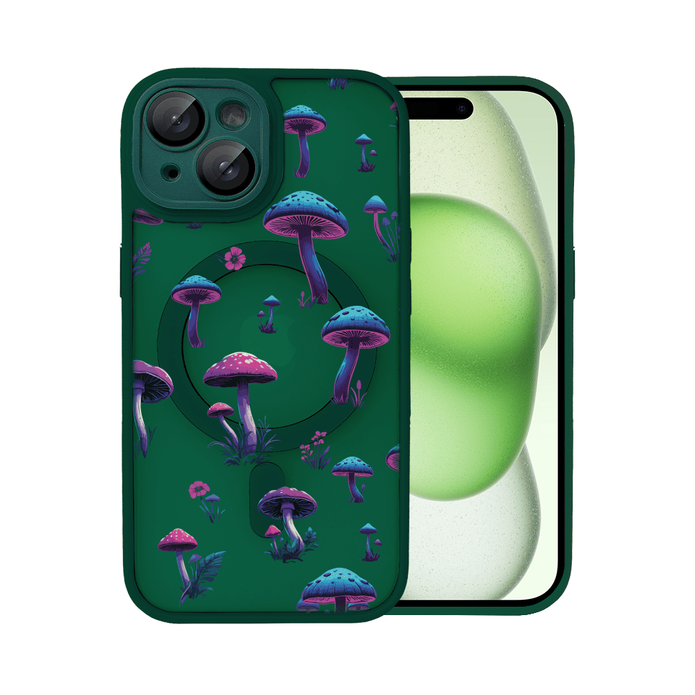 Etui do iPhone 15 Color Flush z Magsafe, z osłoną aparatu, z nadrukiem magiczne grzybki, ciemna zieleń
