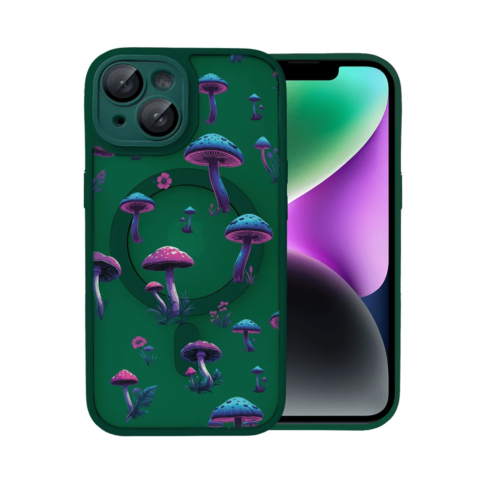 Etui do iPhone 14 Color Flush z Magsafe, z osłoną aparatu, z nadrukiem magiczne grzybki, ciemna zieleń