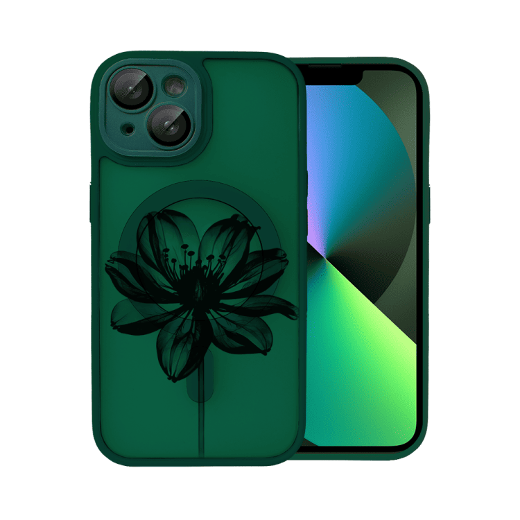 Etui do iPhone 13 Color Flush z Magsafe, z osłoną aparatu, z nadrukiem czarny kwiat, ciemno zielone