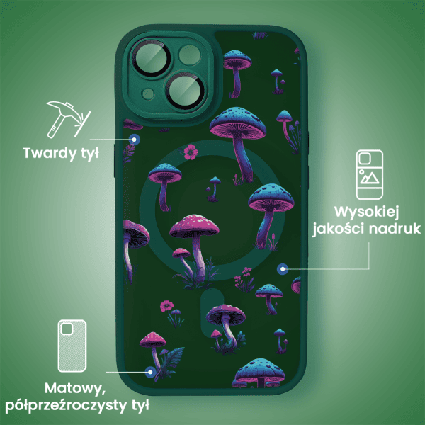 Etui do iPhone 15 Color Flush z Magsafe, z osłoną aparatu, z nadrukiem magiczne grzybki, ciemna zieleń