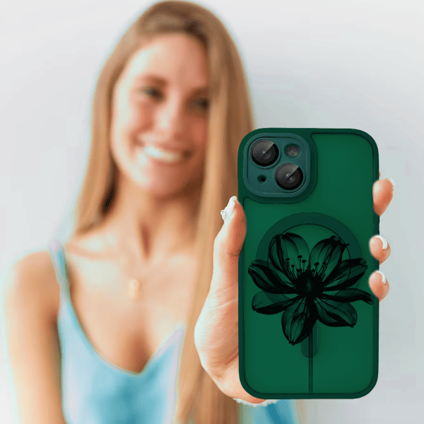 Etui do iPhone 13 Color Flush z Magsafe, z osłoną aparatu, z nadrukiem czarny kwiat, ciemno zielone