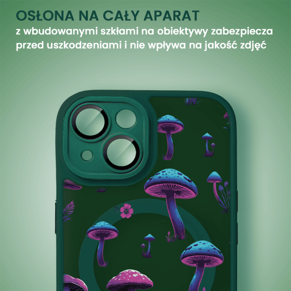 Etui do iPhone 15 Color Flush z Magsafe, z osłoną aparatu, z nadrukiem magiczne grzybki, ciemna zieleń