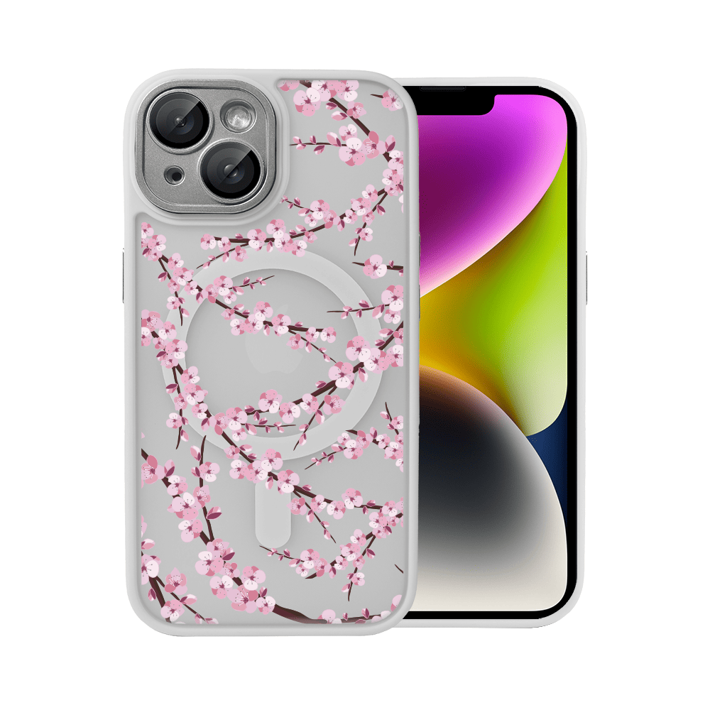 etui do iphone 14, color flush z magsafe, z osłoną aparatu, z nadrukiem sakura, kwiat wiśni, tytanowe