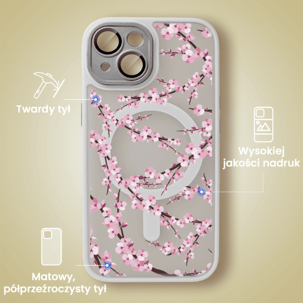 etui do iphone 14, color flush z magsafe, z osłoną aparatu, z nadrukiem sakura, kwiat wiśni, tytanowe