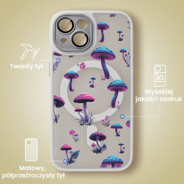 Etui do iPhone 15 Color Flush z Magsafe, z osłoną aparatu, z nadrukiem magiczne grzybki, tytanowe