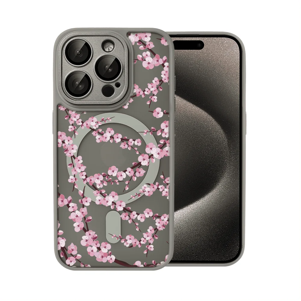 Etui do iPhone iPhone 15 Pro Max, Color Flush z Magsafe, z osłoną aparatu, z nadrukiem sakura, kwiat wiśni, tytanowe