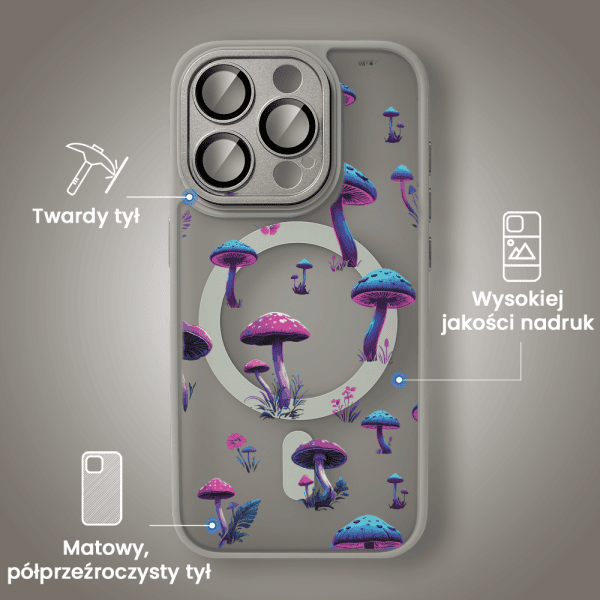 Etui do iPhone 15 Pro Color Flush z Magsafe, z osłoną aparatu, z nadrukiem magiczne grzybki, tytanowe