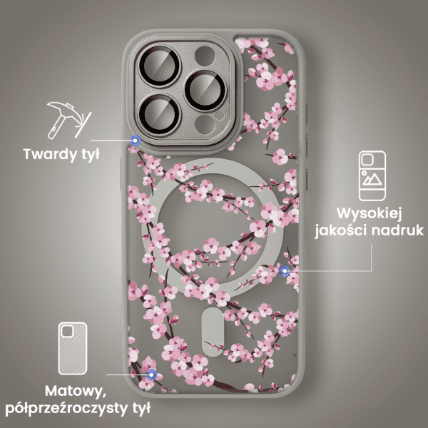 Etui do iPhone iPhone 15 Pro Max, Color Flush z Magsafe, z osłoną aparatu, z nadrukiem sakura, kwiat wiśni, tytanowe