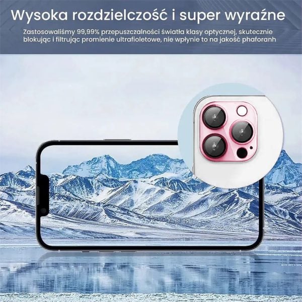 iphone 15 pro max gładka metalowa osłona na cały aparat, wbudowane szkła 9h, głęboka czerń, różowa