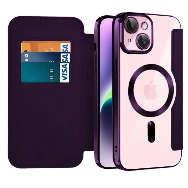 etui do iphone 14 typu książka book magsafe lens protect, z klapką, głęboka purpura