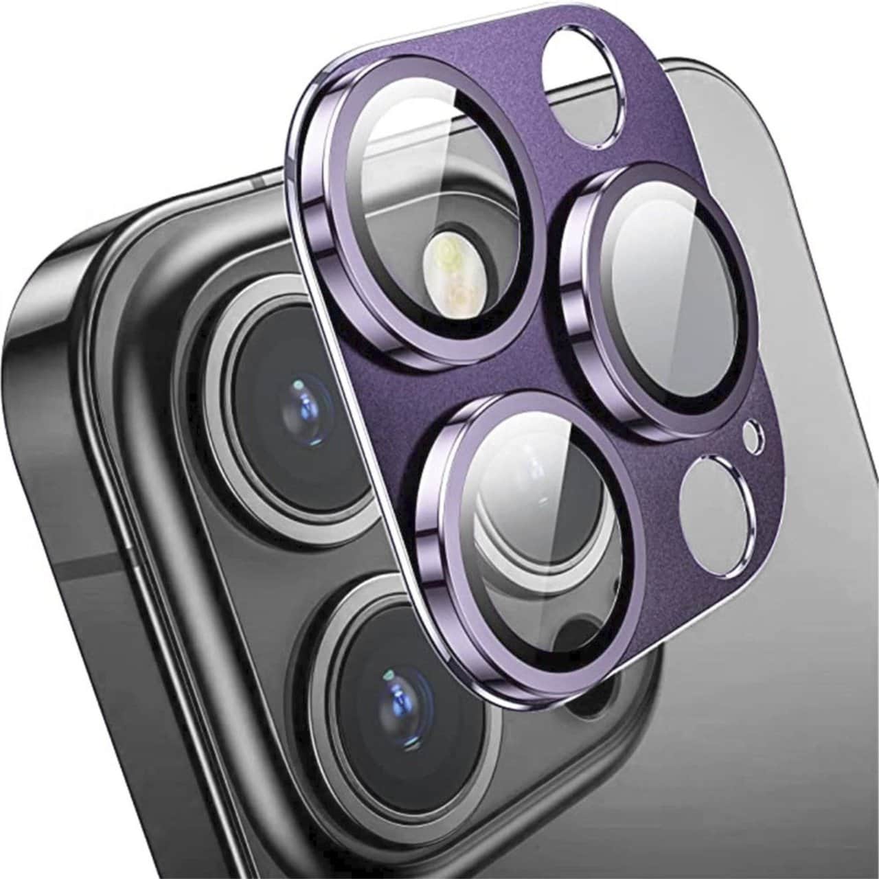 iphone 15 pro gładka metalowa osłona na cały aparat, wbudowane szkła 9h, purpurowa, fioletowa