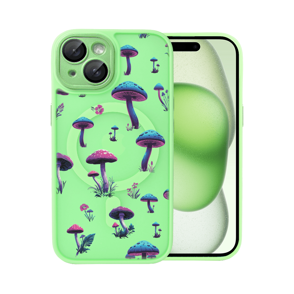 Etui do iPhone 15 Color Flush z Magsafe, z osłoną aparatu, z nadrukiem magiczne grzybki, jasna zieleń