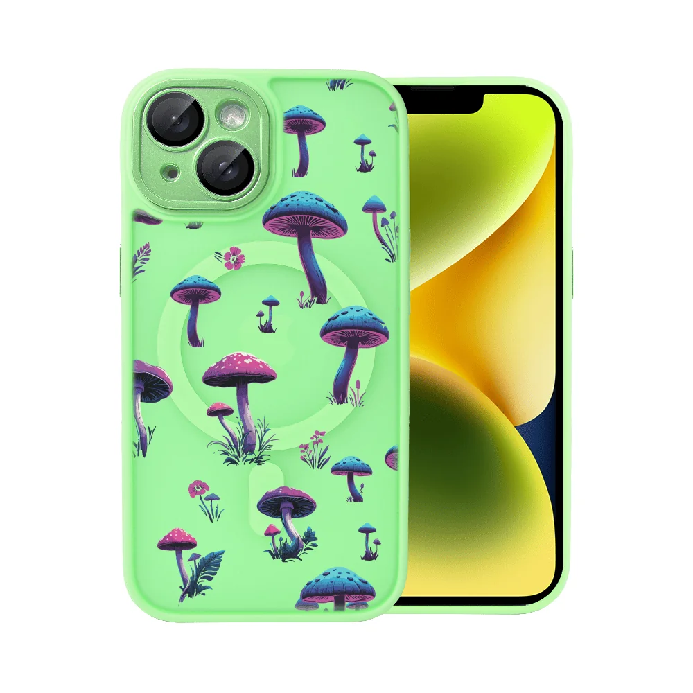 etui do iphone 14 color flush z magsafe, z osłoną aparatu, z nadrukiem magiczne grzybki, jasno zielone