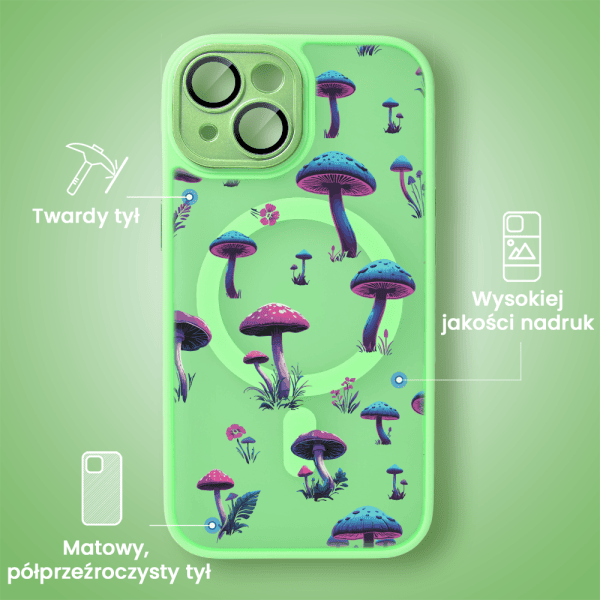Etui do iPhone 15 Color Flush z Magsafe, z osłoną aparatu, z nadrukiem magiczne grzybki, jasna zieleń