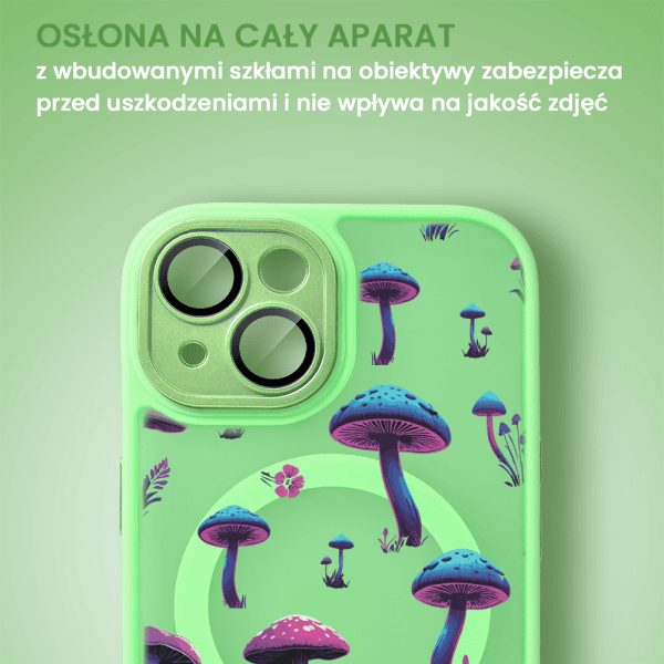 Etui do iPhone 15 Color Flush z Magsafe, z osłoną aparatu, z nadrukiem magiczne grzybki, jasna zieleń