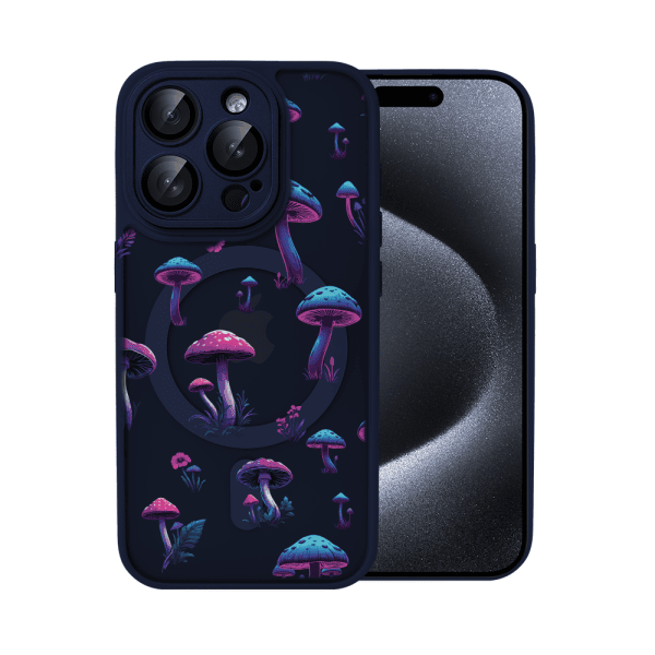 etui do iphone 15 pro color flush z magsafe, z osłoną aparatu, z nadrukiem magiczne grzybki, granatowe