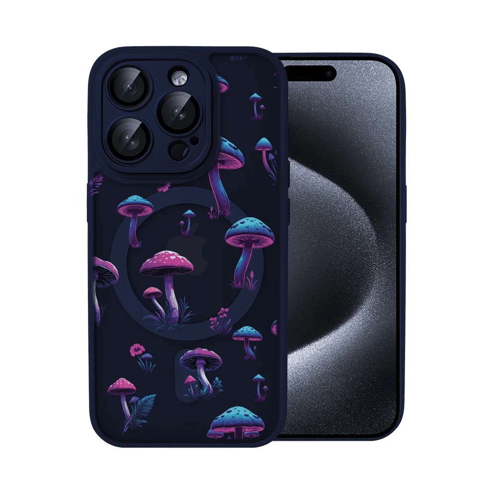 etui do iphone 15 pro color flush z magsafe, z osłoną aparatu, z nadrukiem magiczne grzybki, granatowe