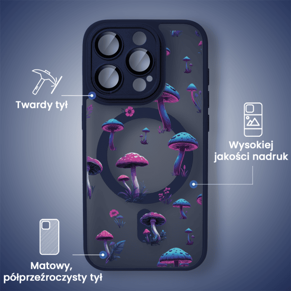 etui do iphone 15 pro color flush z magsafe, z osłoną aparatu, z nadrukiem magiczne grzybki, granatowe
