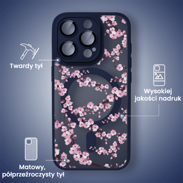 Etui do iPhone iPhone 15 Pro Max, Color Flush z Magsafe, z osłoną aparatu, z nadrukiem sakura, kwiat wiśni, granatowe