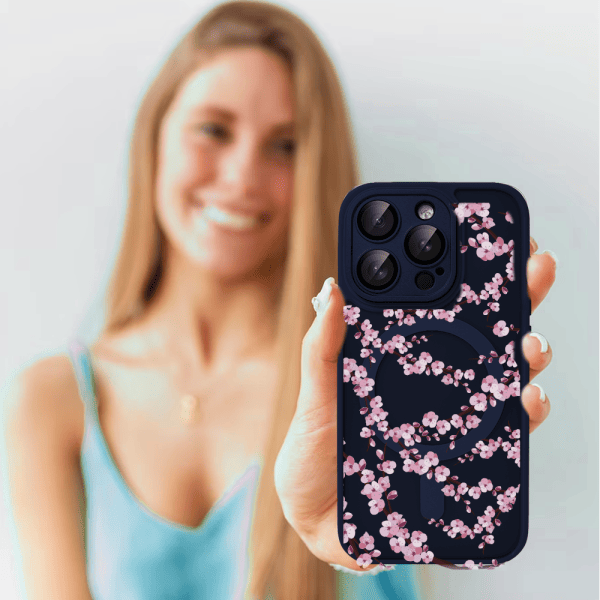 Etui do iPhone iPhone 15 Pro Max, Color Flush z Magsafe, z osłoną aparatu, z nadrukiem sakura, kwiat wiśni, granatowe