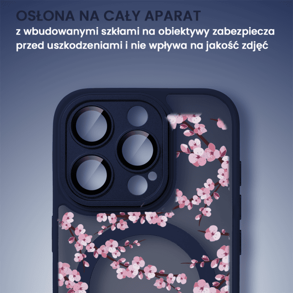 Etui do iPhone iPhone 15 Pro Max, Color Flush z Magsafe, z osłoną aparatu, z nadrukiem sakura, kwiat wiśni, granatowe