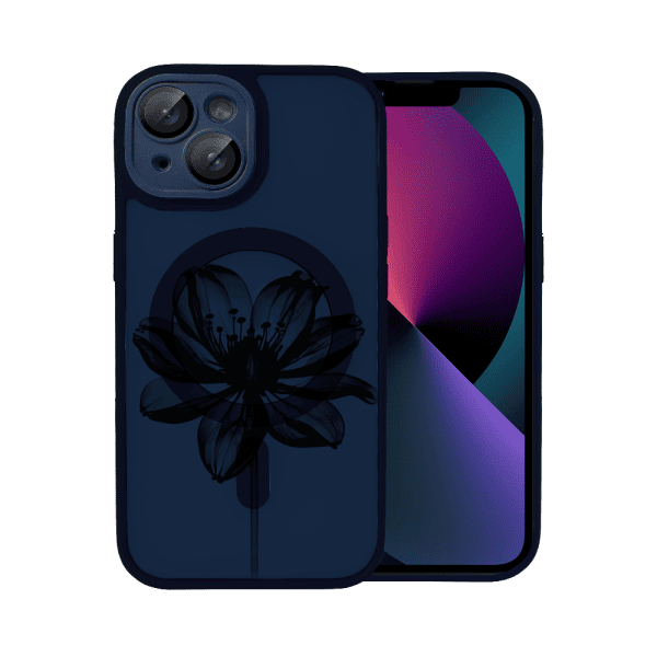 etui do iphone 13 color flush z magsafe, z osłoną aparatu, z nadrukiem czarny kwiat, granatowe