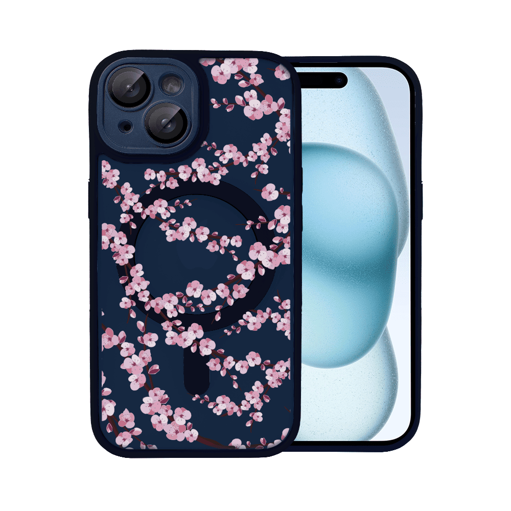 Etui do iPhone iPhone 15, Color Flush z Magsafe, z osłoną aparatu, z nadrukiem sakura, kwiat wiśni, granatowe