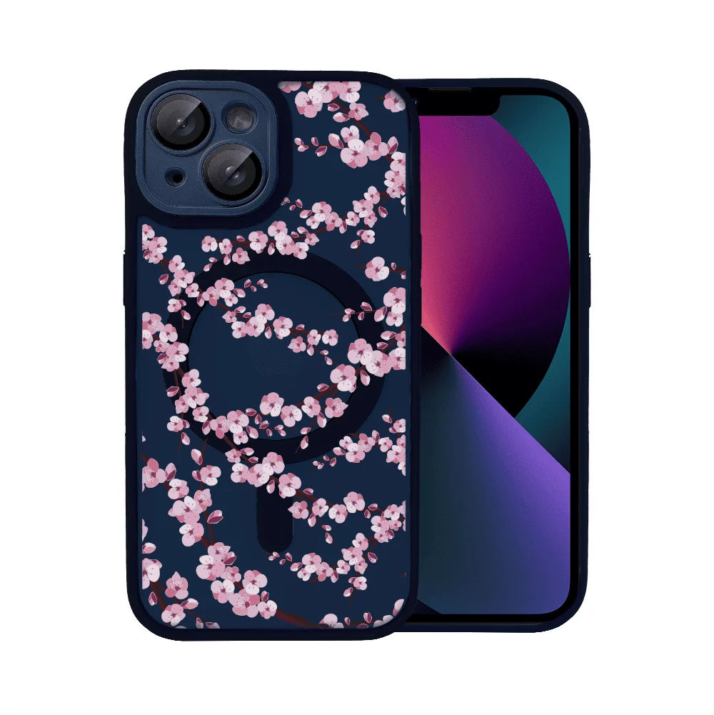 etui do iphone 13, color flush z magsafe, z osłoną aparatu, z nadrukiem sakura, kwiat wiśni, granatowe