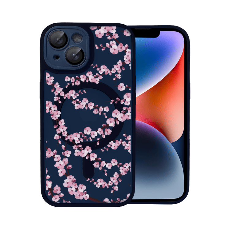 Etui do iPhone 14, Color Flush z Magsafe, z osłoną aparatu, z nadrukiem sakura, kwiat wiśni, granatowe