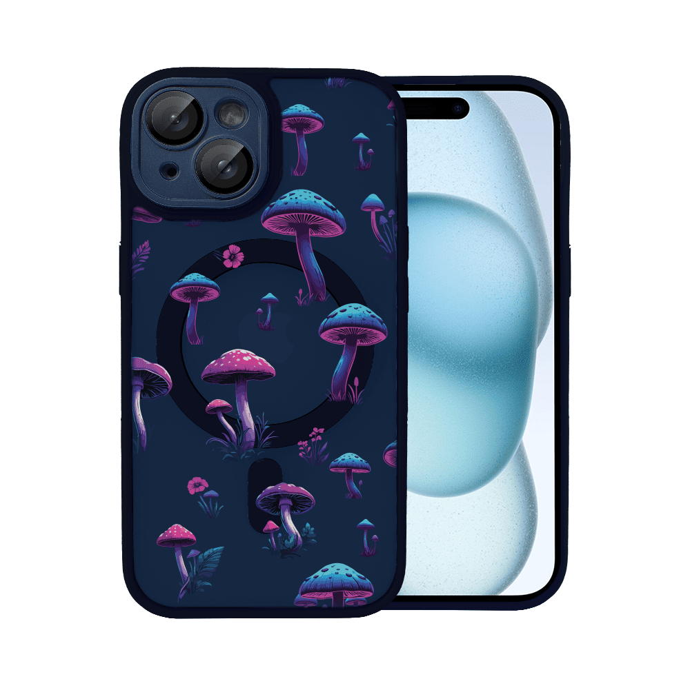 Etui do iPhone 15 Color Flush z Magsafe, z osłoną aparatu, z nadrukiem magiczne grzybki, granatowe
