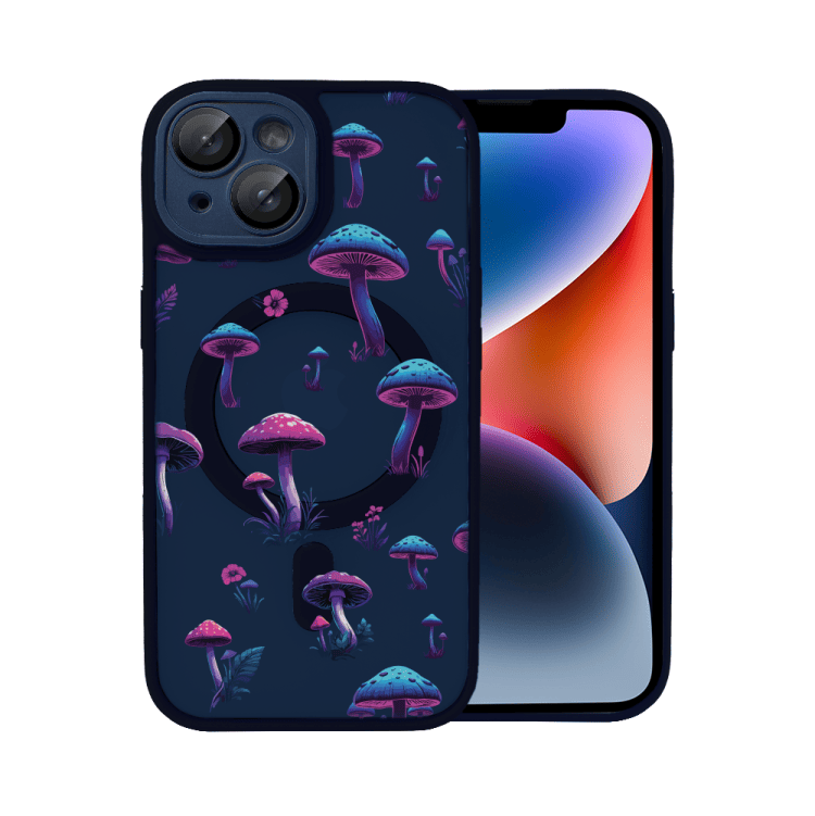 etui do iphone 14 color flush z magsafe, z osłoną aparatu, z nadrukiem magiczne grzybki, granatowe