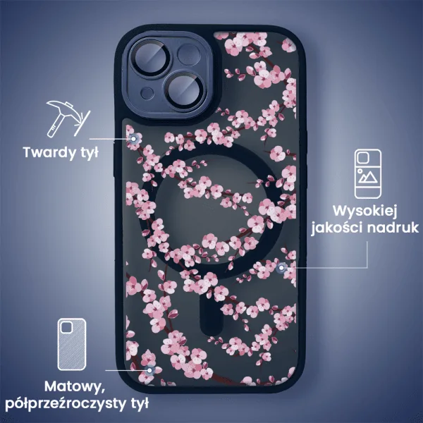 Etui do iPhone iPhone 15, Color Flush z Magsafe, z osłoną aparatu, z nadrukiem sakura, kwiat wiśni, granatowe