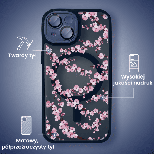 etui do iphone 13, color flush z magsafe, z osłoną aparatu, z nadrukiem sakura, kwiat wiśni, granatowe