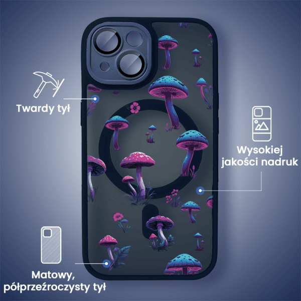 Etui do iPhone 15 Color Flush z Magsafe, z osłoną aparatu, z nadrukiem magiczne grzybki, granatowe